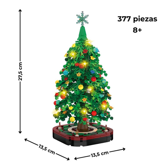 Árbol de Navidad de 377 piezas compatible con ladrillos estándar; medidas aprox. 27,3×13,5×13,5 cm; recomendado 8+ años.