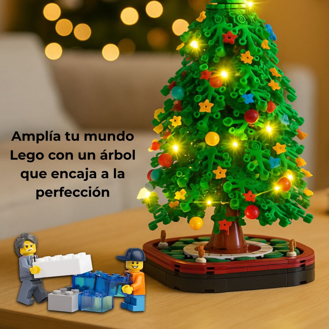 Árbol de construcción compatible con piezas tipo Lego junto a minifiguras; combina con tu colección y amplía escenas festivas.