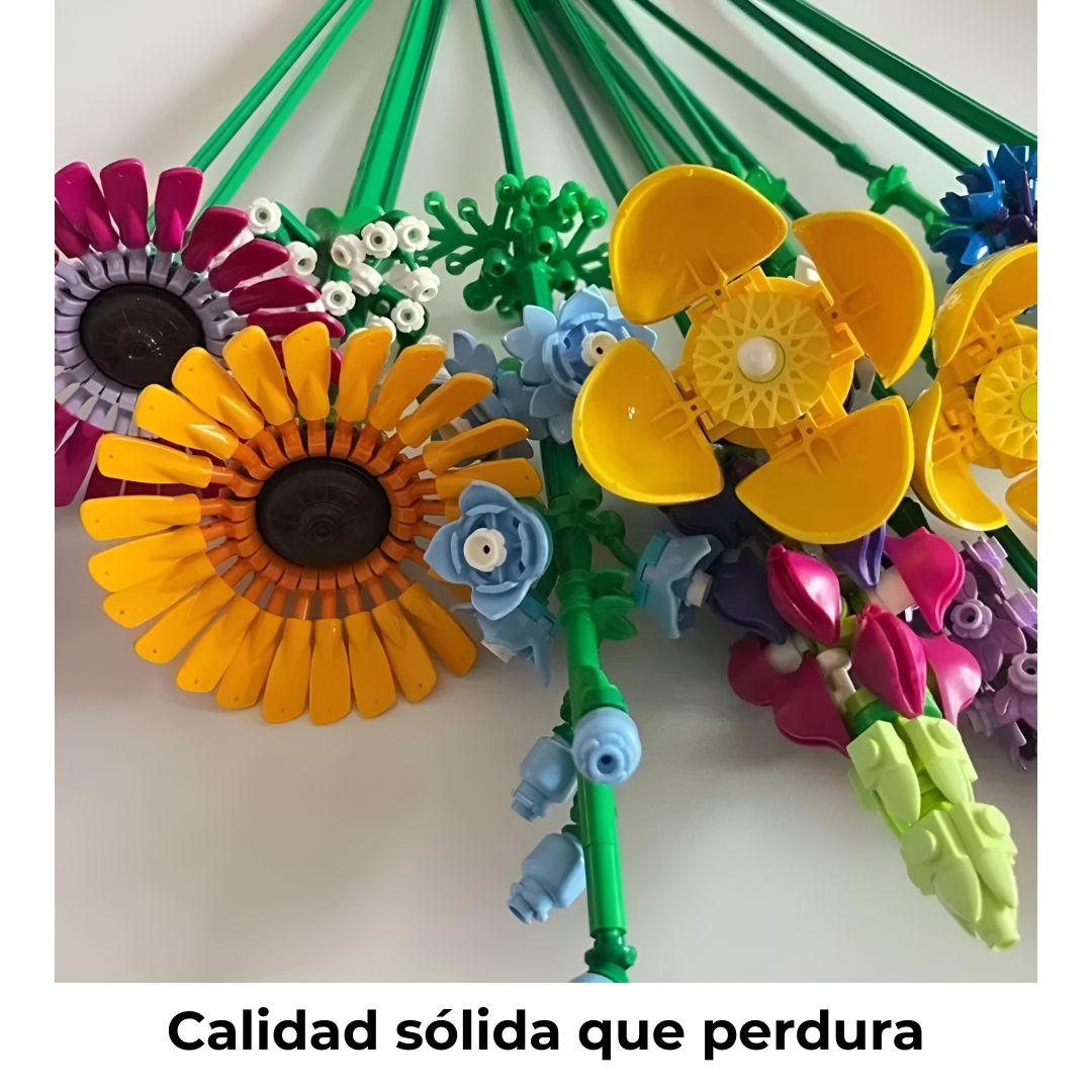 Detalle de flores de construcción sobre mesa, fabricadas con piezas estándar de alta calidad en ABS