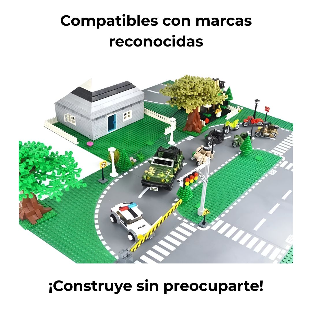 Construcción sobre placa base compatible con LEGO®, mostrando integración perfecta