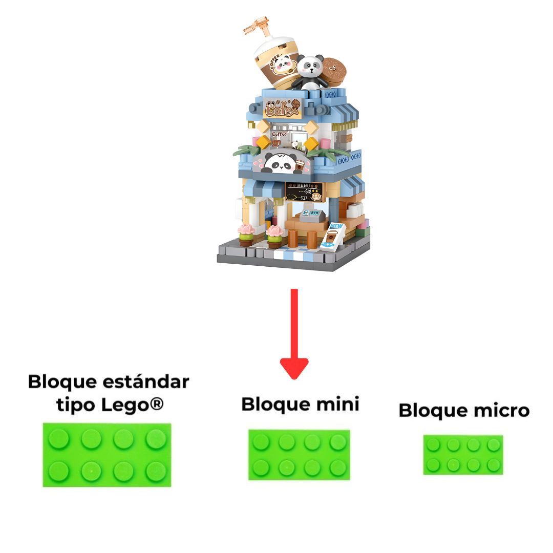Set de cafetería construido con bloques mini, enfoque en el tamaño del bloque
