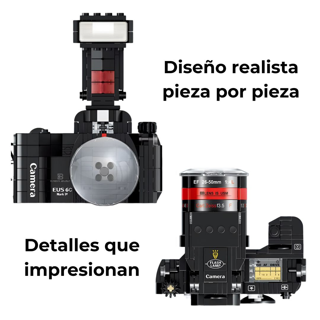 Cámara construible de micro bloques con vista frontal, vista superior y acercamientos de detalles realistas del modelo