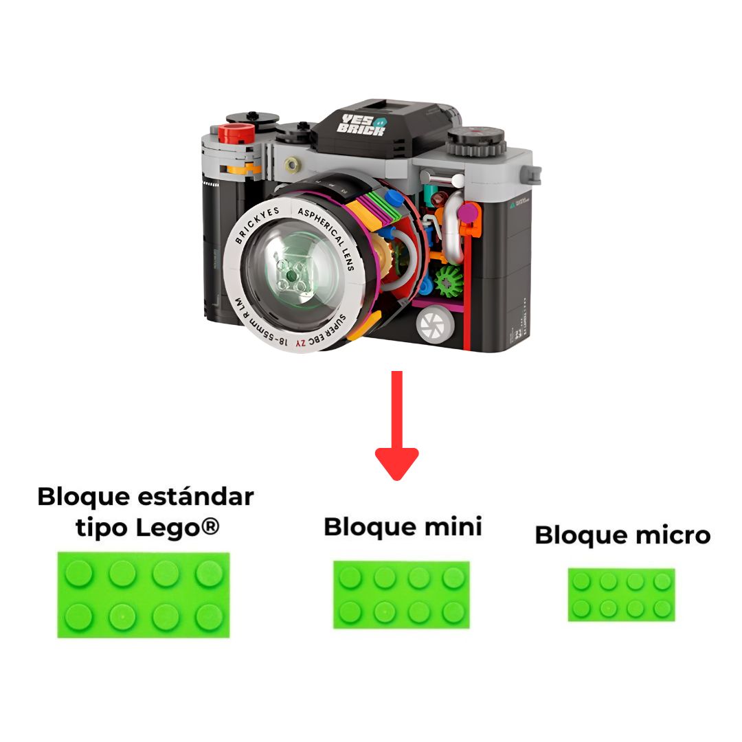 Cámara construida con mini bloques no compatibles con LEGO, ideal para un desafío creativo