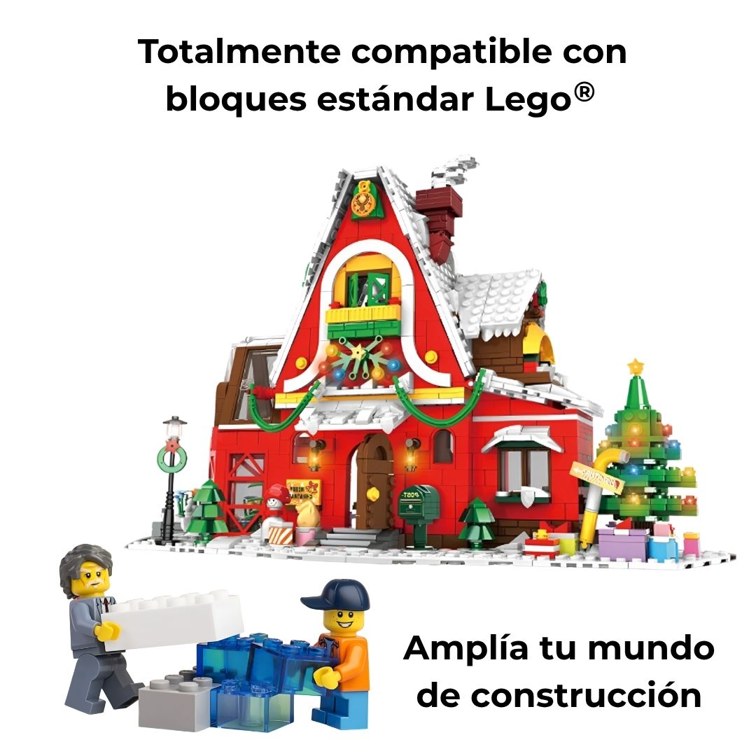 Maqueta navideña de bloques compatible con ladrillos estándar, 1301 piezas; minifiguras con piezas en mano muestran integración perfecta en tu colección.