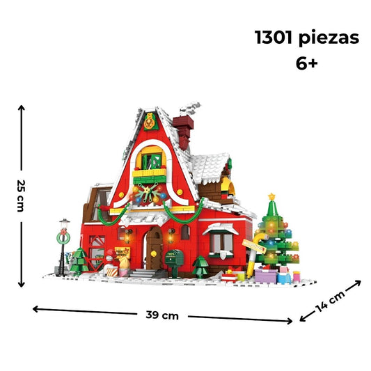 Casa de bloques sobre fondo blanco con dimensiones 39×14×25 cm, 1301 piezas y recomendada a partir de 6 años; compatible con ladrillos tipo Lego