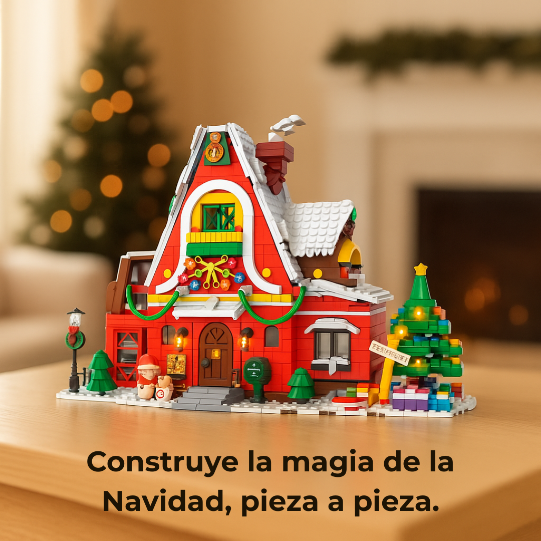 La casa montada sobre mesa en ambiente festivo; construye la magia de la Navidad pieza a pieza y crea decoración única en casa