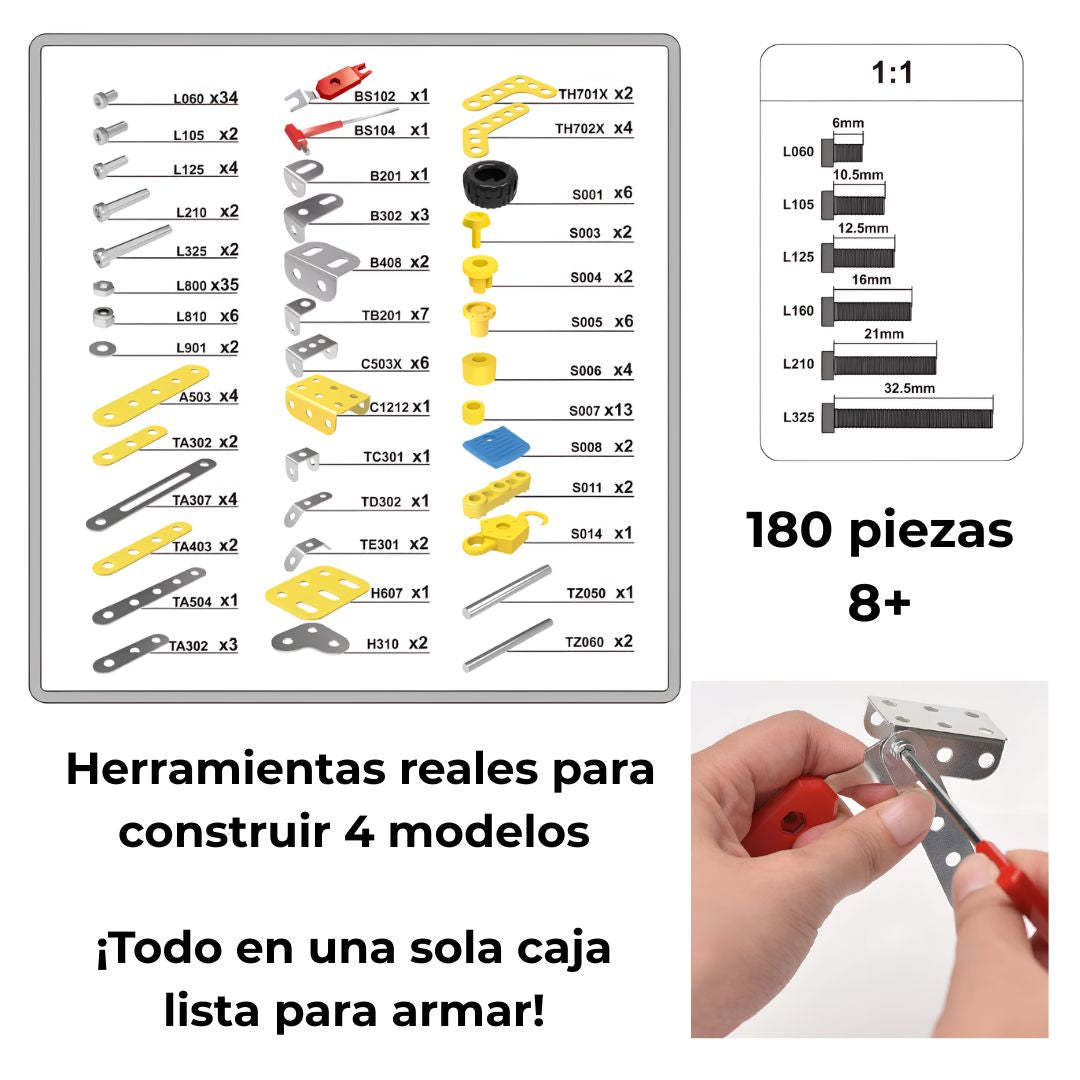 Contenido completo del kit de construcción metálico 7 en 1 y manos utilizando herramientas para ensamblar piezas