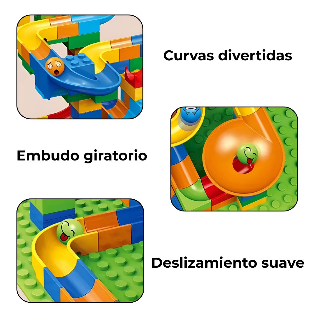 Detalle de pista de canicas con curva deslizante, embudo giratorio y superficie suave para un juego seguro y divertido.