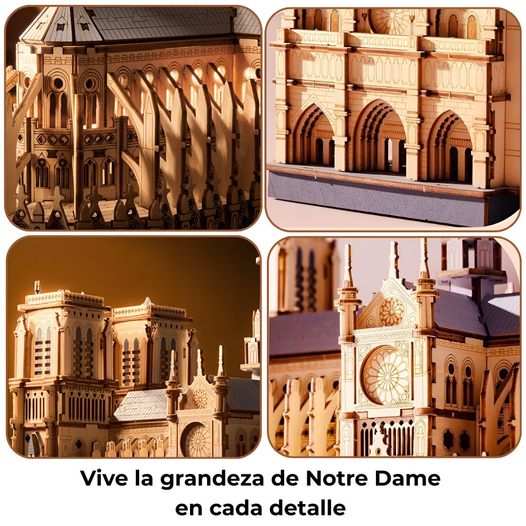 Detalle del rompecabezas 3D: torres, arcos y rosetón gótico con corte láser de alta precisión y acabado definido.
