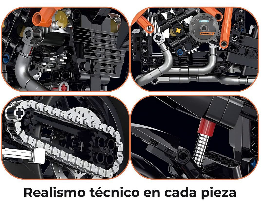 Detalles ampliados de componentes técnicos de la moto de bloques: motor, ruedas, frenos y estructura – realismo mecánico en cada pieza.