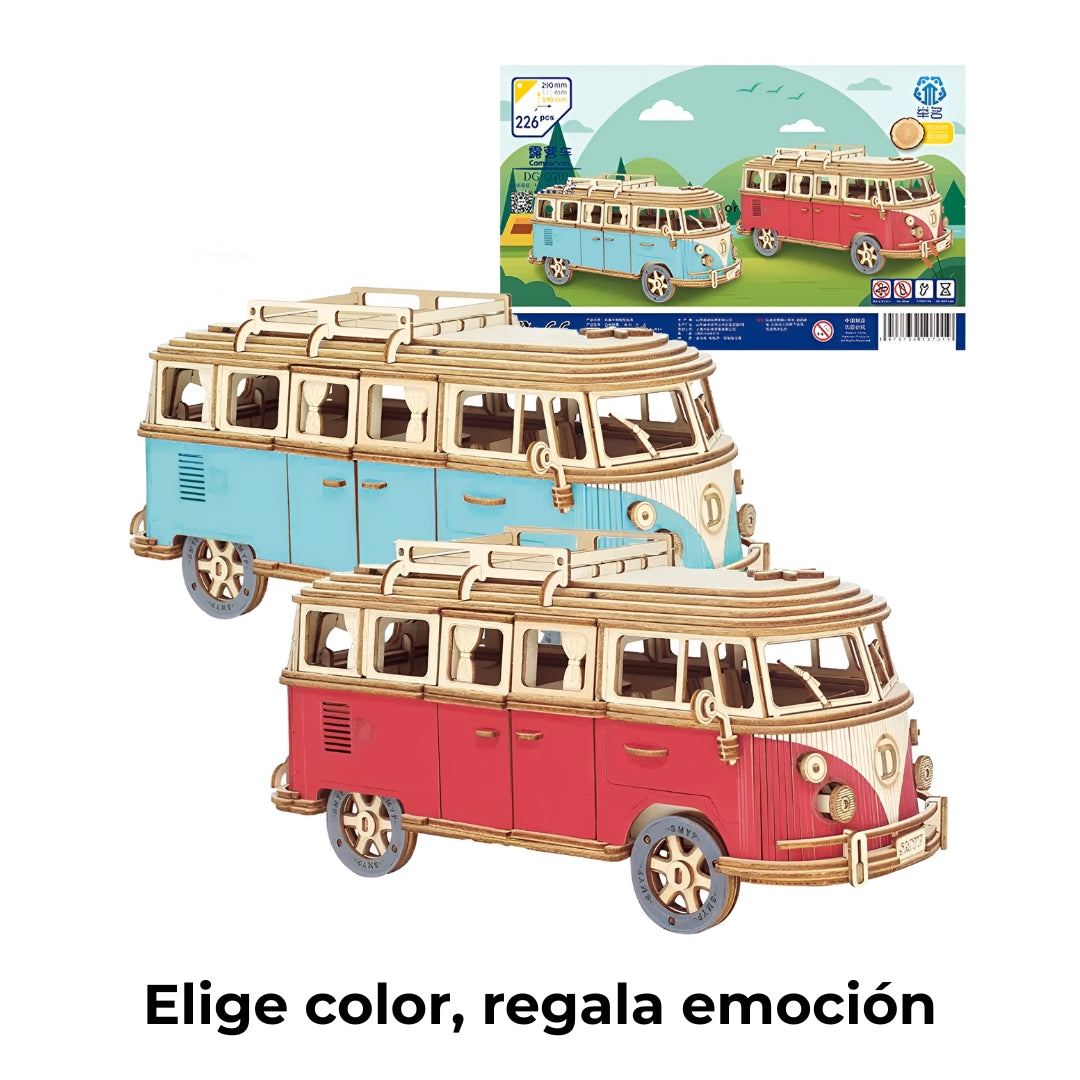 Rompecabezas 3D de furgoneta vintage de madera, disponible en rojo y azul.