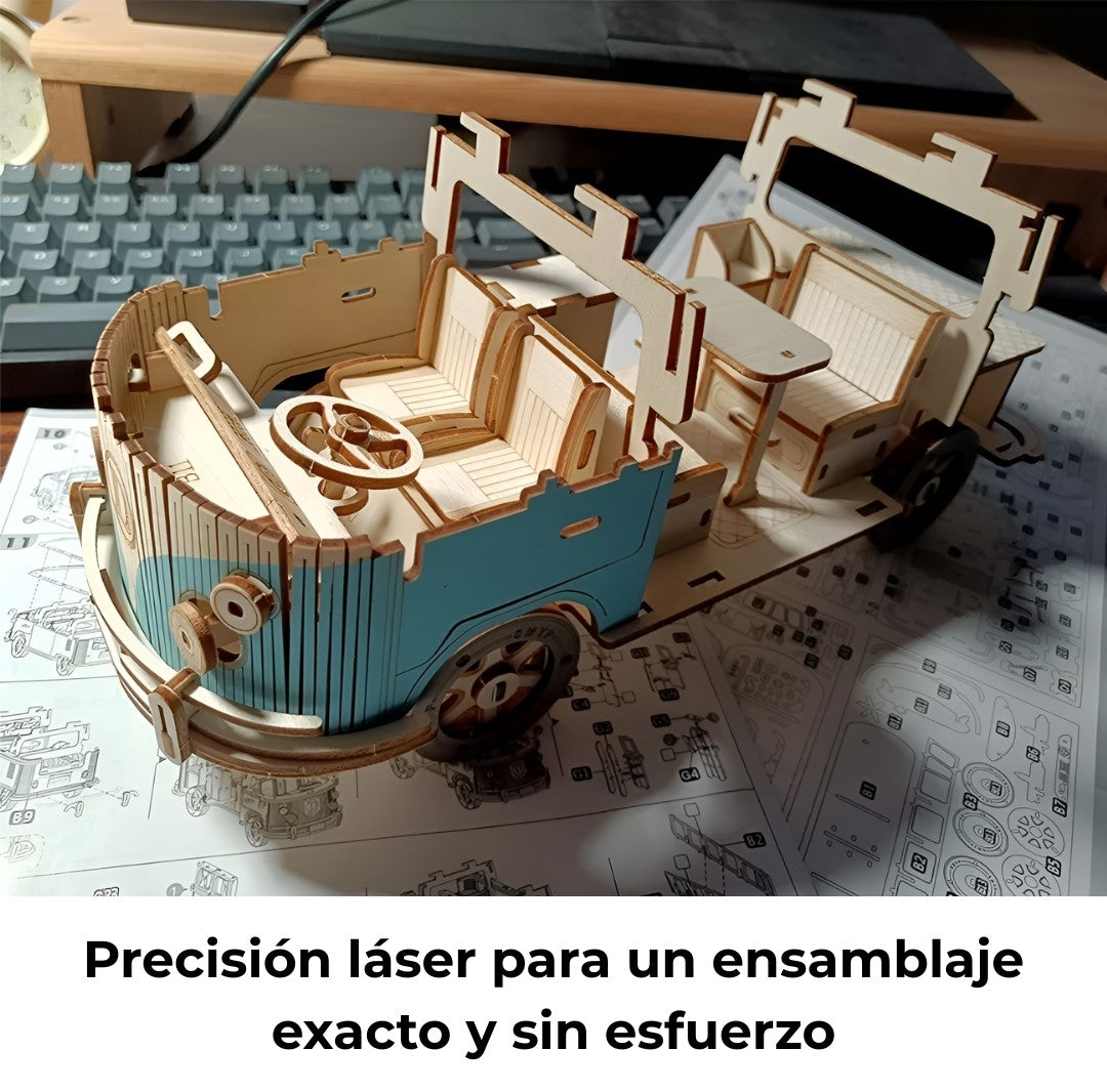 Rompecabezas 3D de furgoneta vintage de madera en proceso de ensamblaje con instrucciones, piezas de precisión láser.