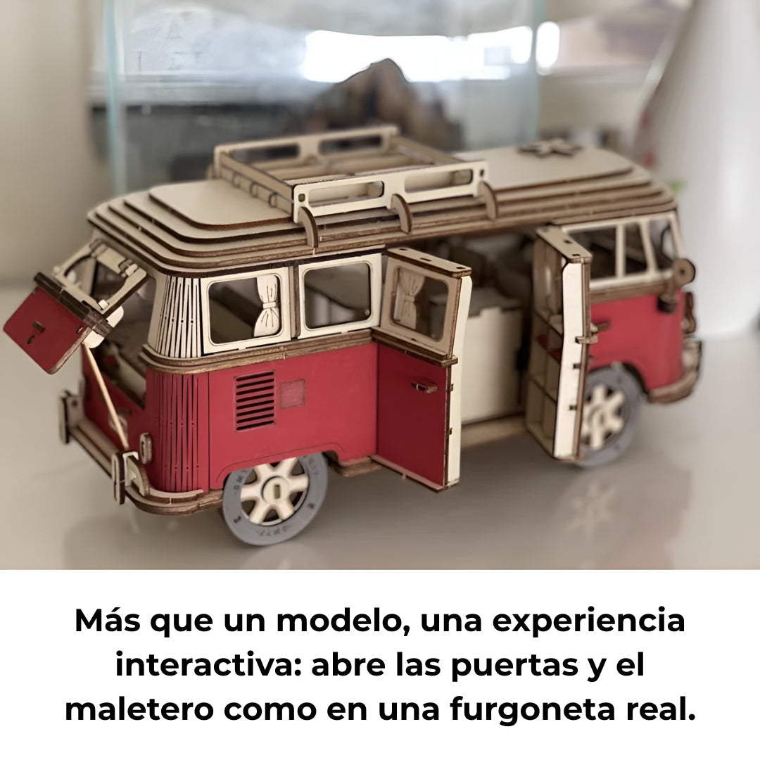 Furgoneta vintage de madera 3D con puertas y maletero que se abren, puzzle coleccionable.