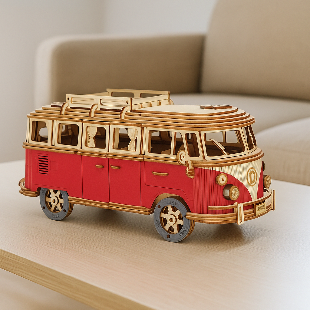 Furgoneta vintage 3D de madera sobre mesa en sala de estar, puzzle decorativo y creativo.