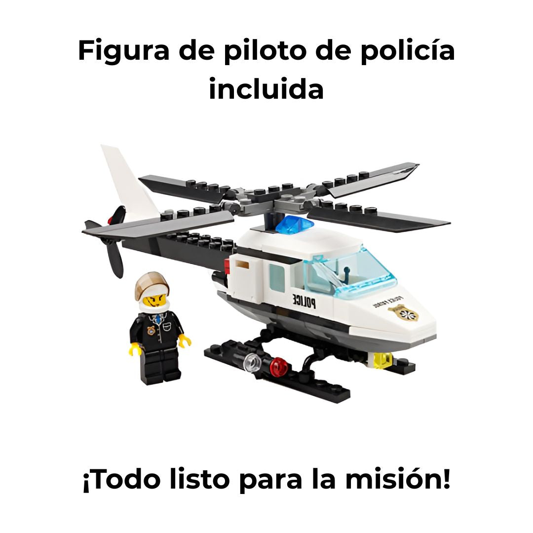 Hélicóptero de policía de bloques junto a la minifigura de piloto uniformado, ideal para simulaciones de misiones de rescate
