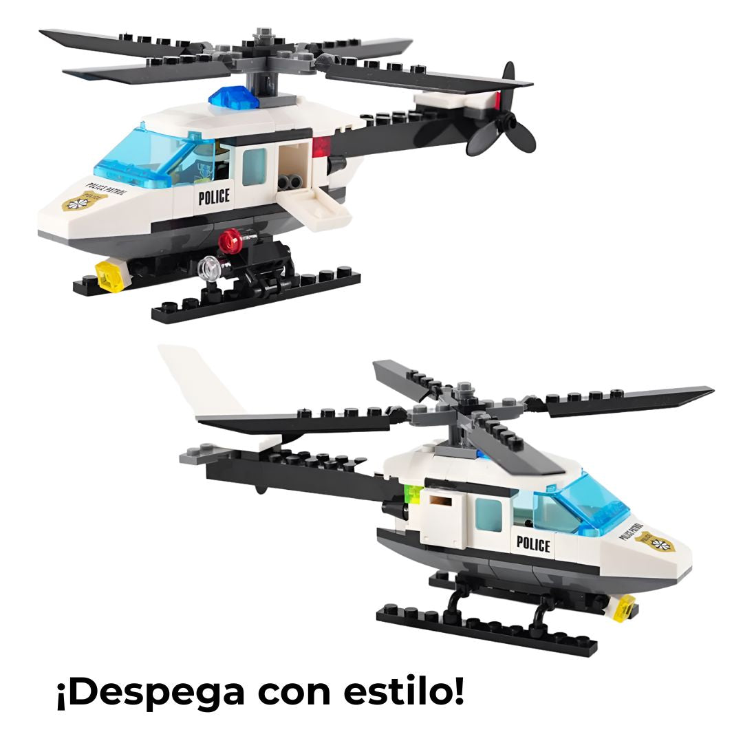 Vistas lateral izquierda y derecha del helicóptero de policía de bloques, mostrando sus rotores giratorios, cabina y tren de aterrizaje