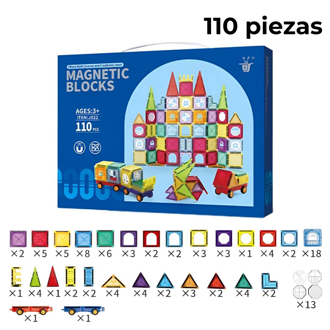 Presentación del kit de 110 bloques magnéticos, con caja y piezas indicadas por tipo