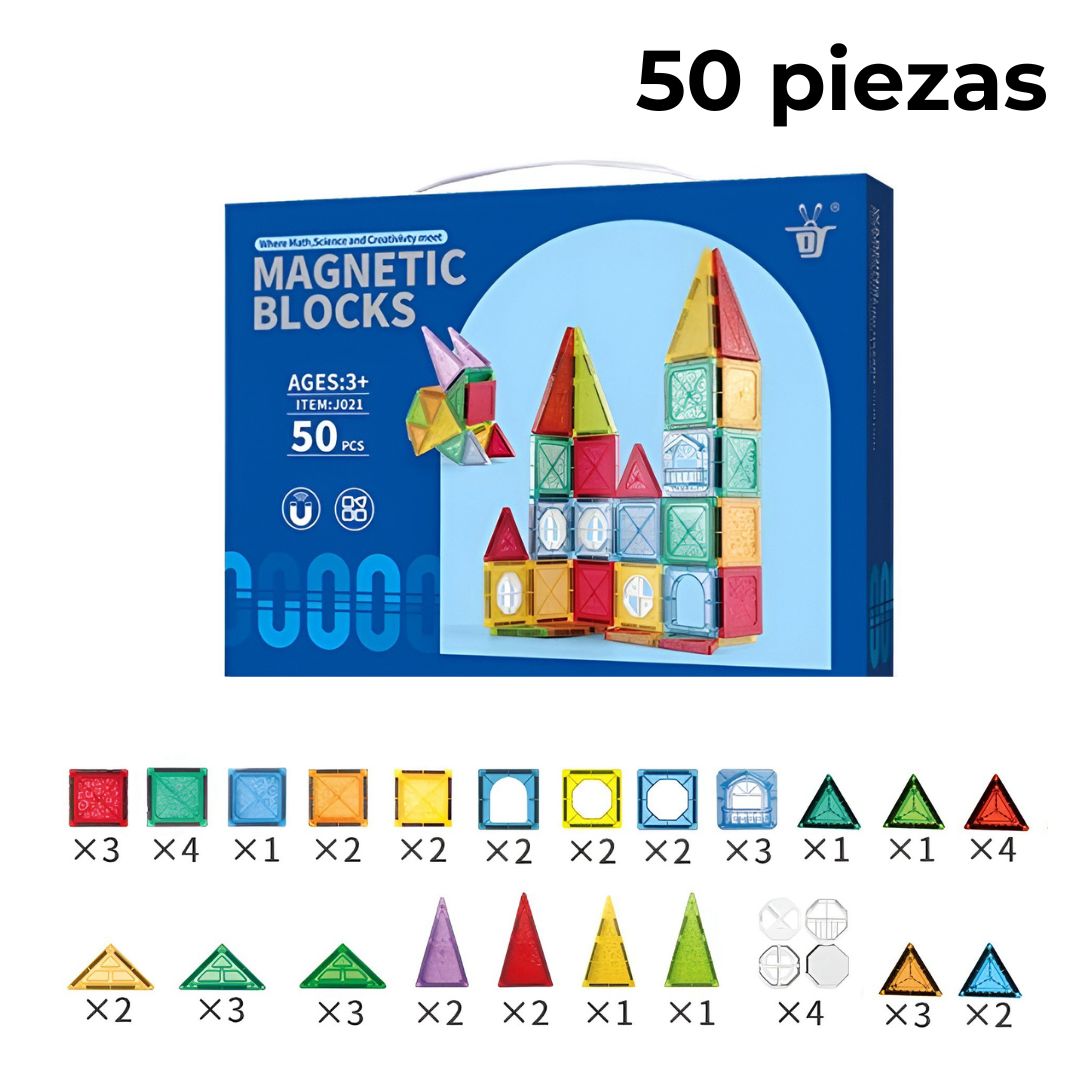 Presentación del kit de 50 bloques magnéticos, con caja y piezas indicadas por tipo