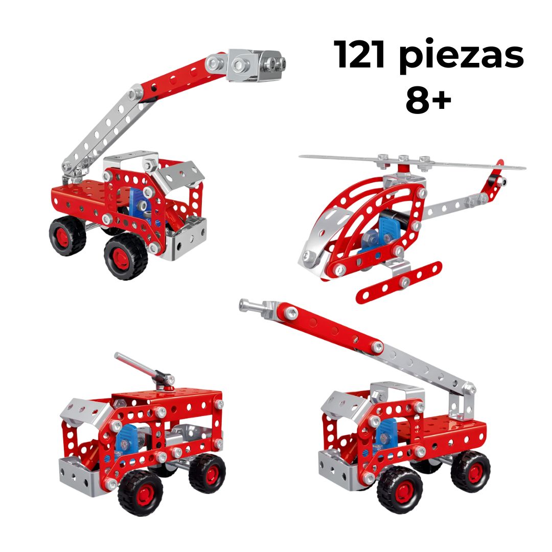 Cuatro vehículos de bomberos construidos con el kit metálico de 121 piezas edad recomendada 8 años