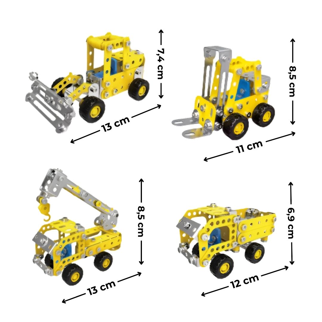 Cuatro modelos armados del kit metálico 7 en 1 con sus dimensiones visibles
