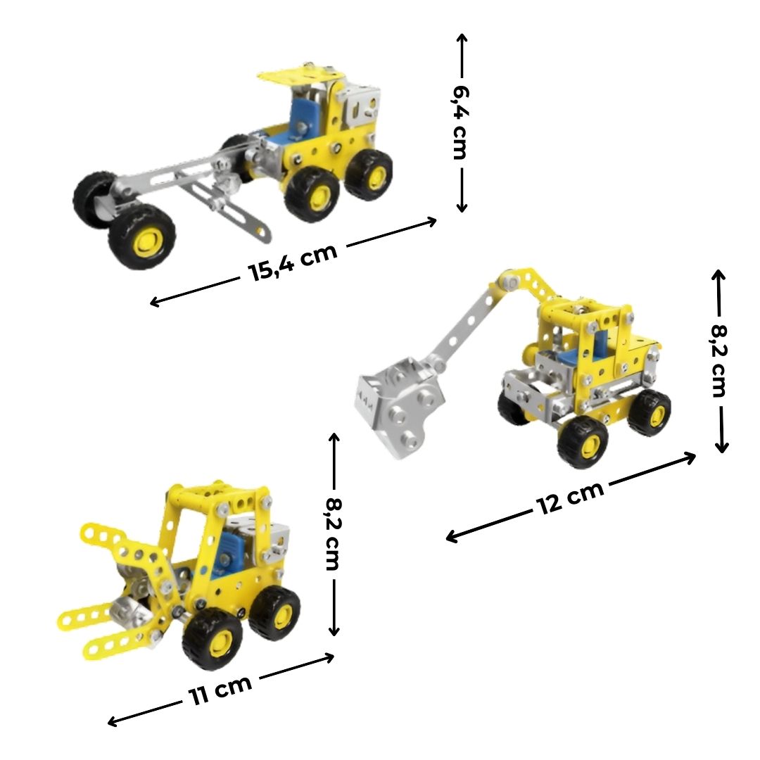 Otros tres modelos construidos con el kit metálico 7 en 1, mostrando medidas en centímetros
