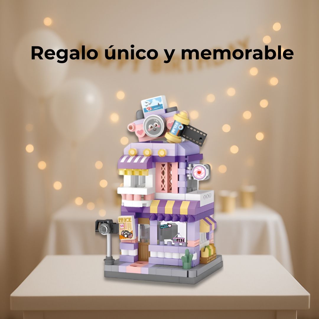 Mini Tienda de Fotografía envuelta para regalo en una decoración de cumpleaños, ideal para sorprender a pequeños constructores creativos