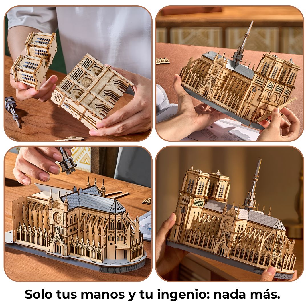 Montaje paso a paso del puzzle 3D Notre Dame; manos ensamblando piezas encajables sin pegamento ni herramientas.
