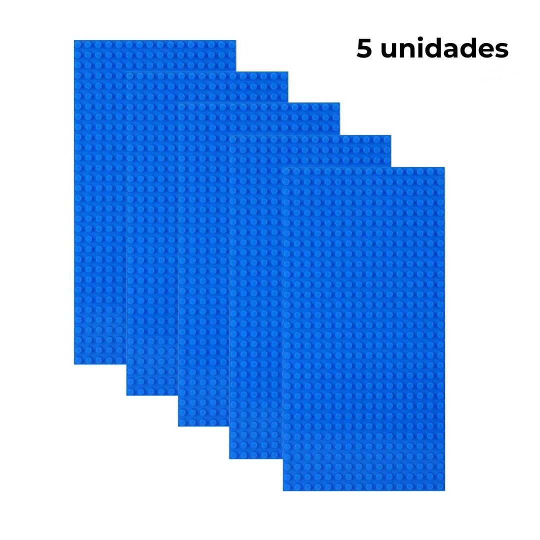 Pack de 5 placas base azul de construcción, tamaño 16x32 puntos, compatibles con bloques tipo Lego – ideal para ampliar superficies de juego o proyectos.