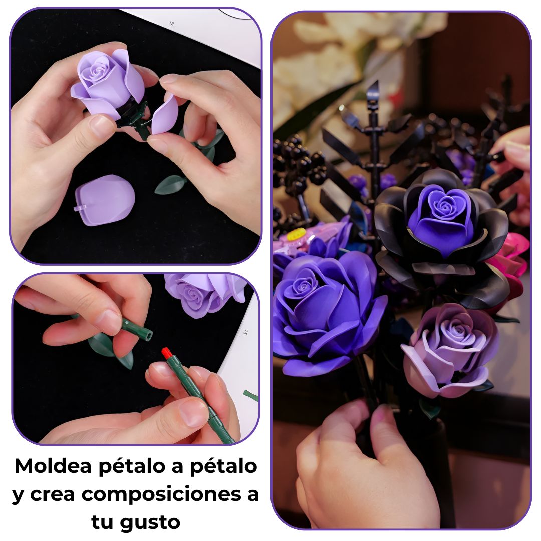 Secuencia del montaje del ramo: manos ensamblando piezas y vista del modelo terminado; montaje paso a paso del set.