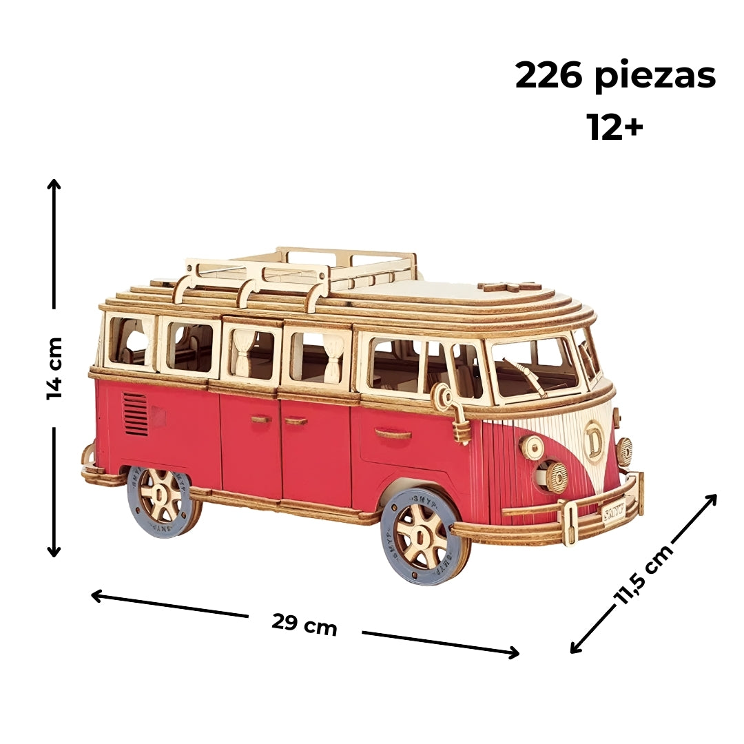 Puzzle 3D de madera furgoneta 226 piezas, disponible en rojo o azul, con medidas y edad recomendada.