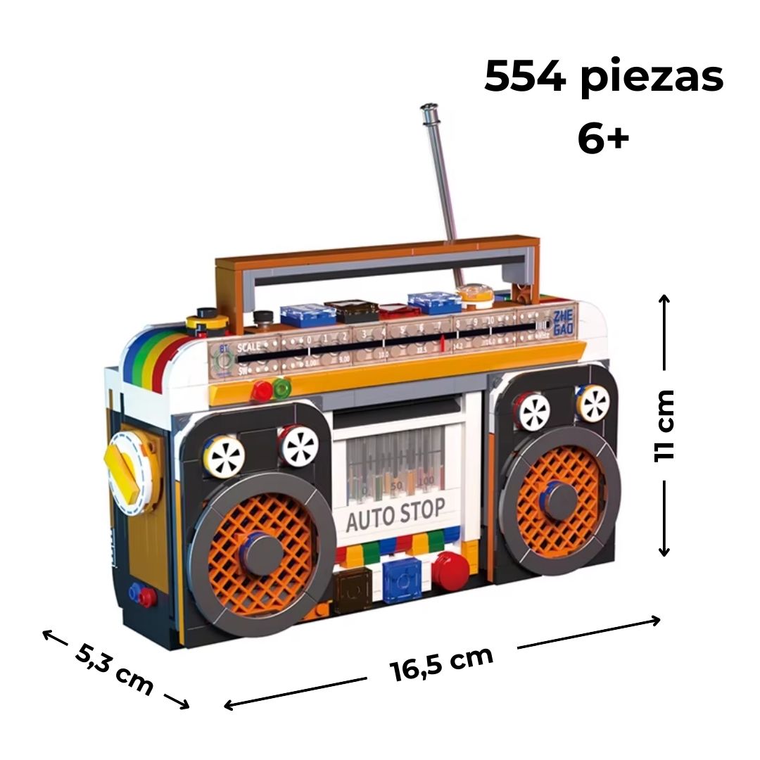 Kit radio retro de mini‑bloques 554 piezas con dimensiones 16.44×5.34×16.6 cm