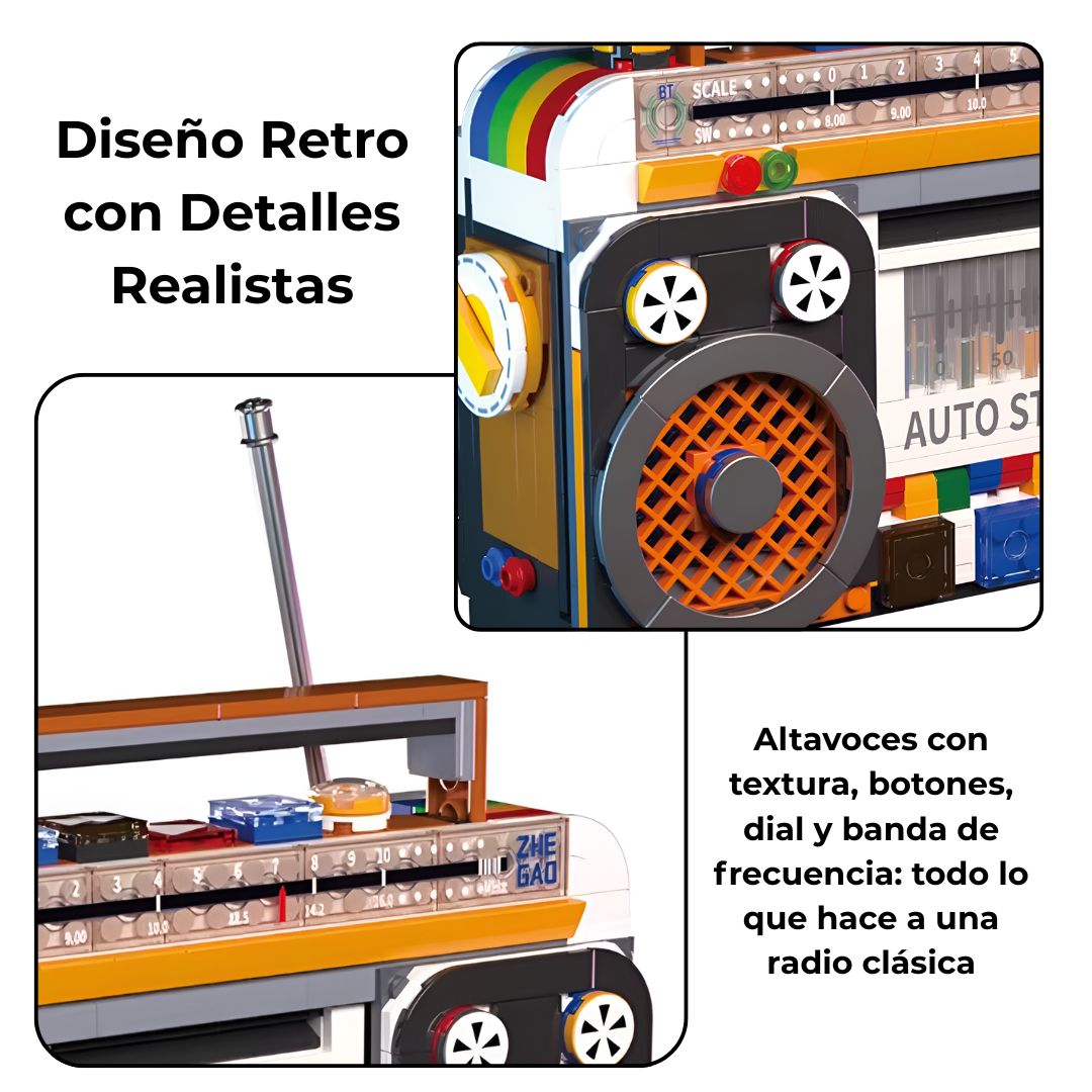 Modelo de radio de bloques con altavoces texturizados, dial de sintonización y detalles decorativos realistas