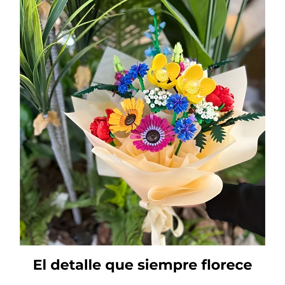 Ramo de flores tipo LEGO envuelto en papel, perfecto como regalo elegante y original