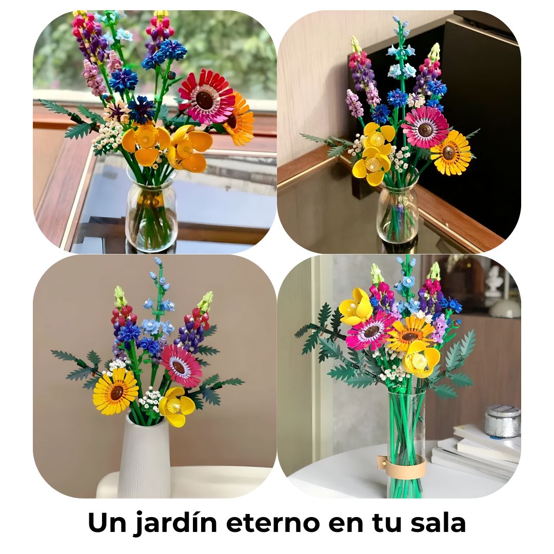 Ramo de flores de bloques de construcción en diferentes interiores, destaca su diseño botánico realista