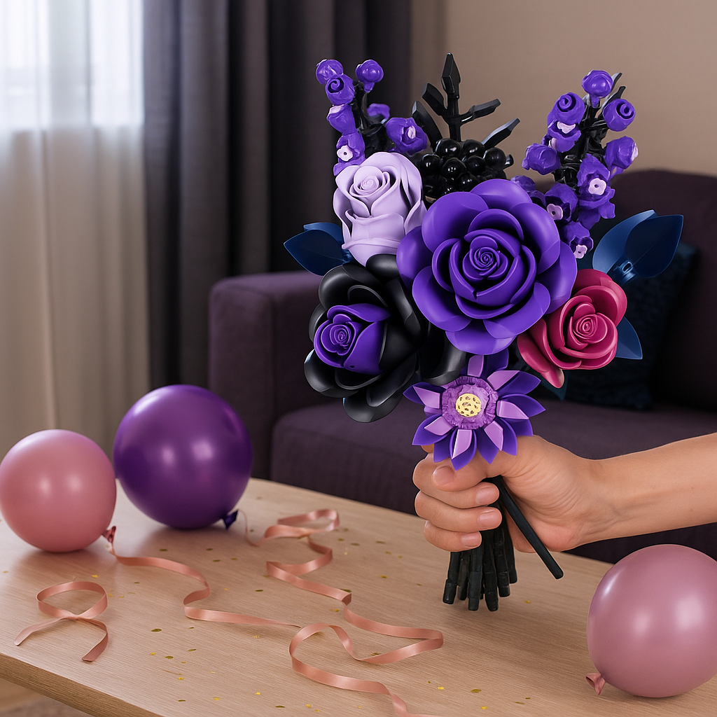 Mano sosteniendo el ramo montado en un ambiente festivo; sugerencia de regalo original y decorativo para el hogar.