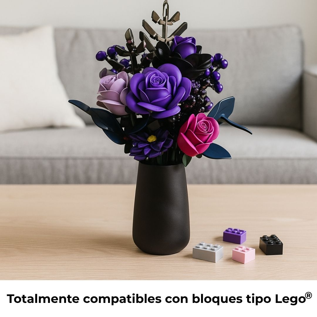 Ramo montado en jarrón acompañado de bloques tipo LEGO; ejemplo de compatibilidad para ampliar y personalizar proyectos.