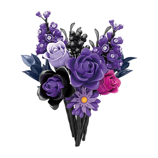 Ramo de rosas moradas de bloques montado sobre fondo blanco — 822 piezas y 12 elementos, kit creativo y decorativo.