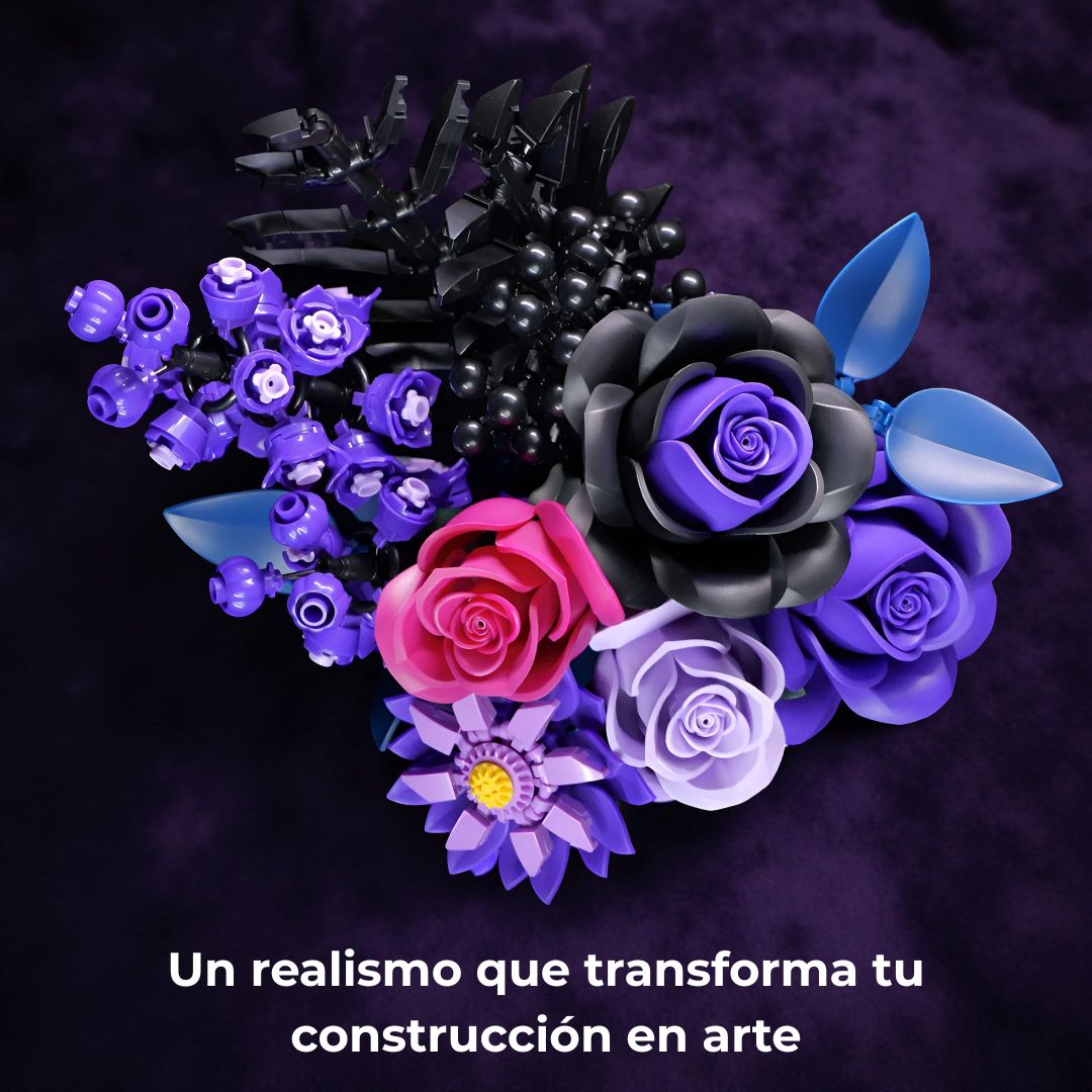 Ramo montado con bloques en fondo morado; acabado realista y calidad artística del set de 822 piezas.