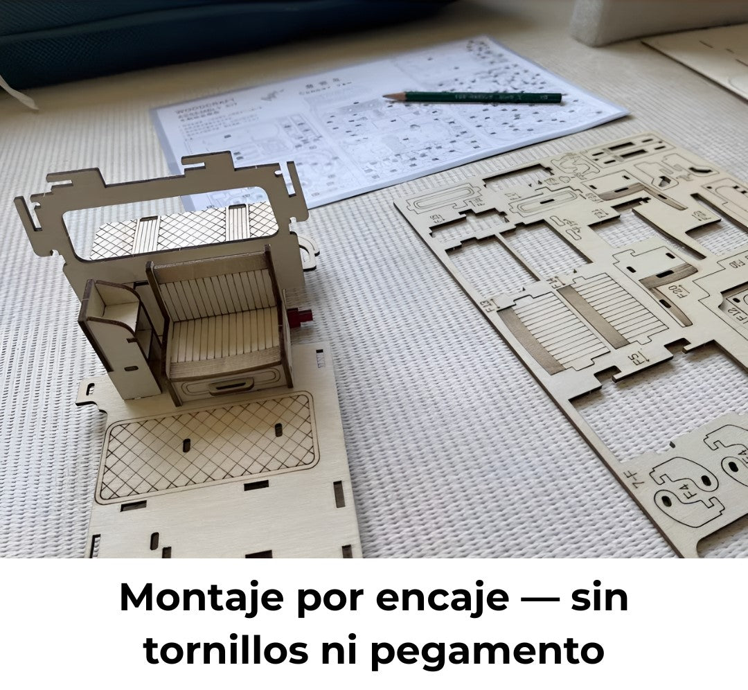 Montaje de la furgoneta vintage 3D de madera sobre mesa, ensamblaje limpio sin tornillos ni pegamento.