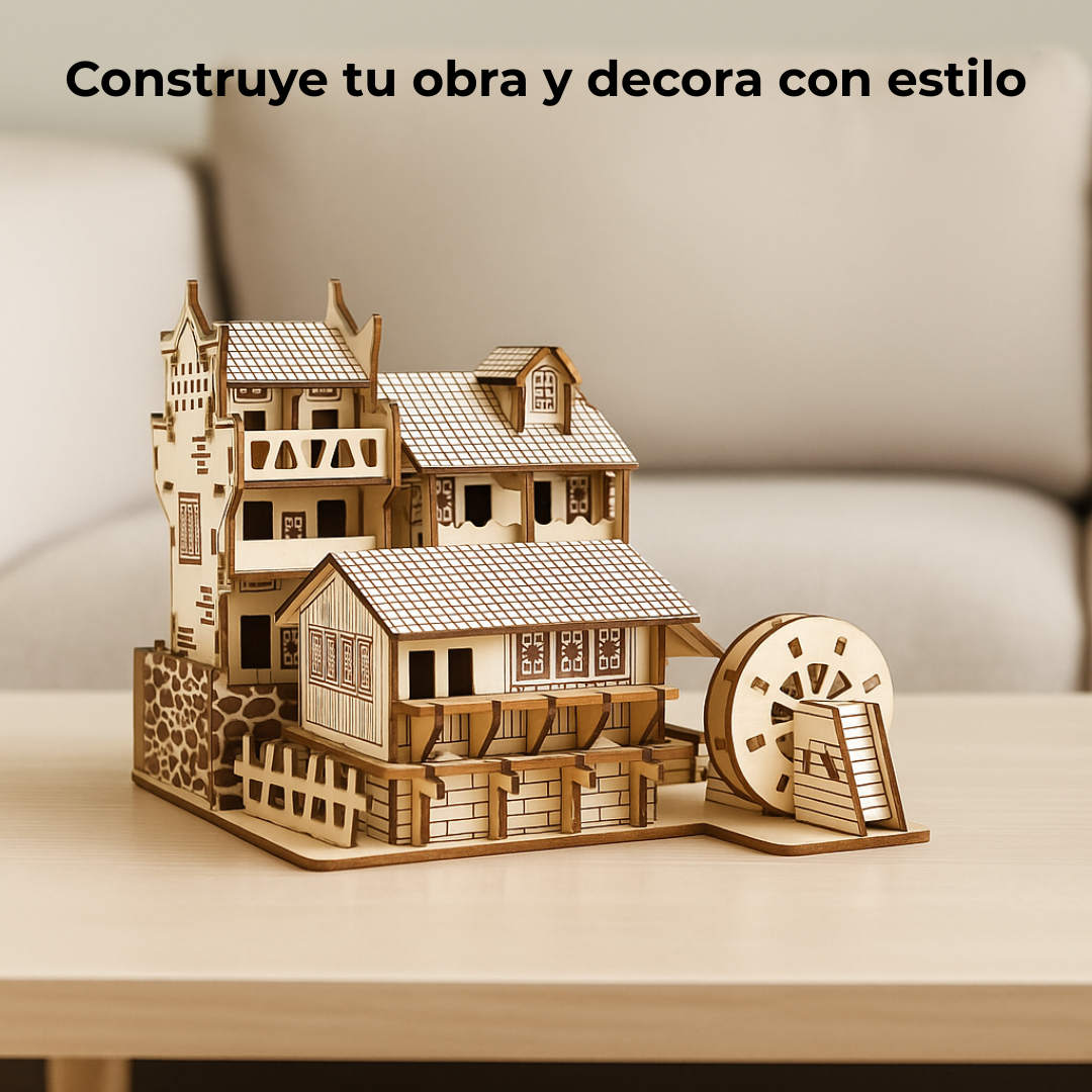 Rompecabezas 3D de madera montado como pieza decorativa sobre mesa de salón, diseño artesanal que aporta calidez y estilo al espacio.
