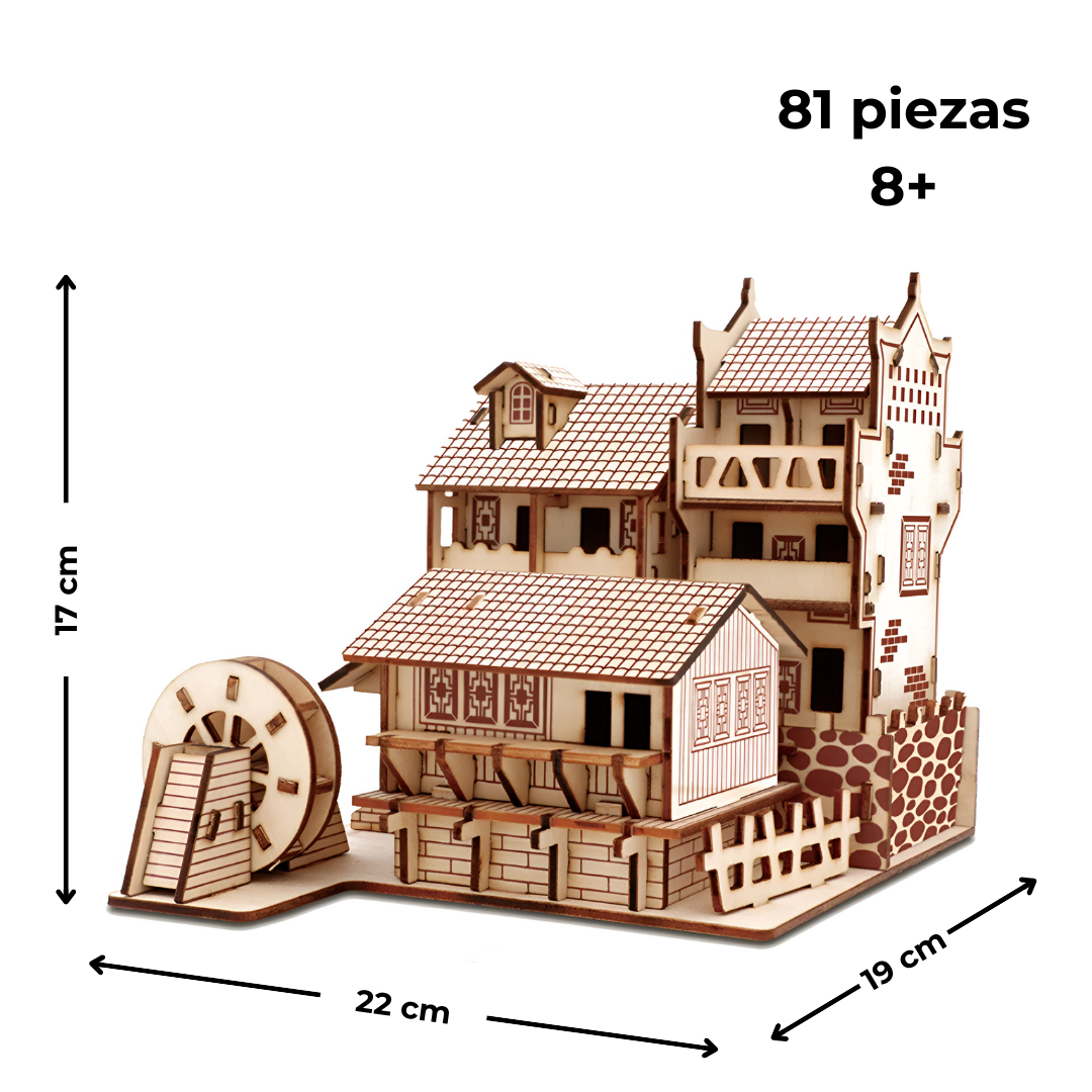 Rompecabezas 3D de madera «Ciudad antigua» sobre fondo blanco — medidas 22 × 18 × 17 cm, 81 piezas, recomendado a partir de 8 años.