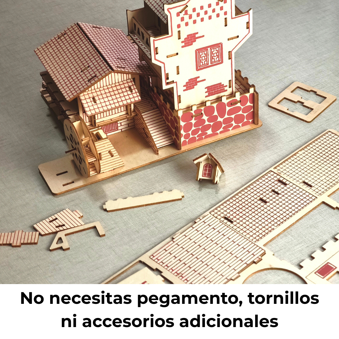 Proceso de montaje del rompecabezas 3D de madera con piezas sueltas; ensamblaje por encaje sin necesidad de pegamento ni herramientas.