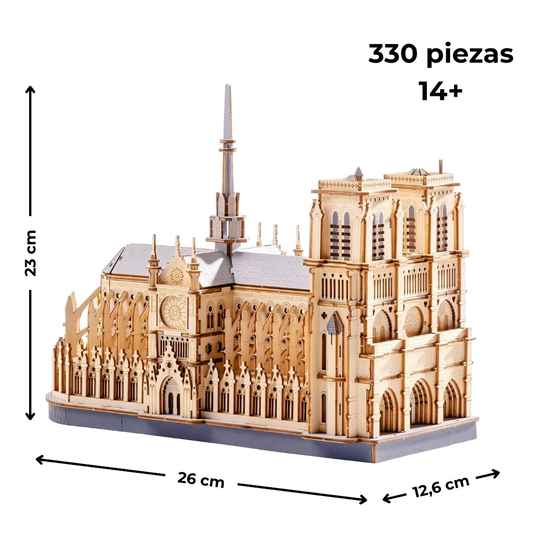 Rompecabezas 3D de madera Catedral de Notre Dame a escala 1:60 — 330 piezas; medidas en cm; edad 14+.