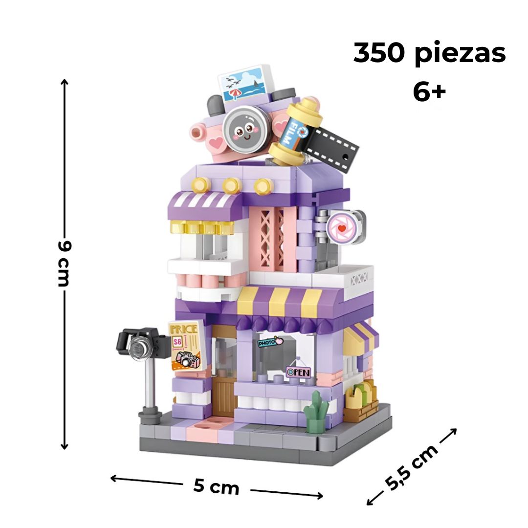Dimensiones y características del set Tienda de Fotografía: 5×5,5×9 cm, +6 años, 350 piezas