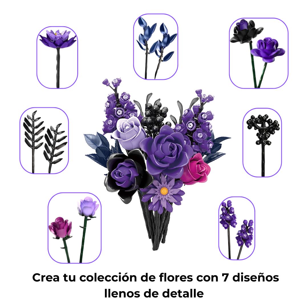 Ramo en primer plano con las distintas flores y hojas identificadas; muestra la diversidad de los 12 diseños incluidos en el set.