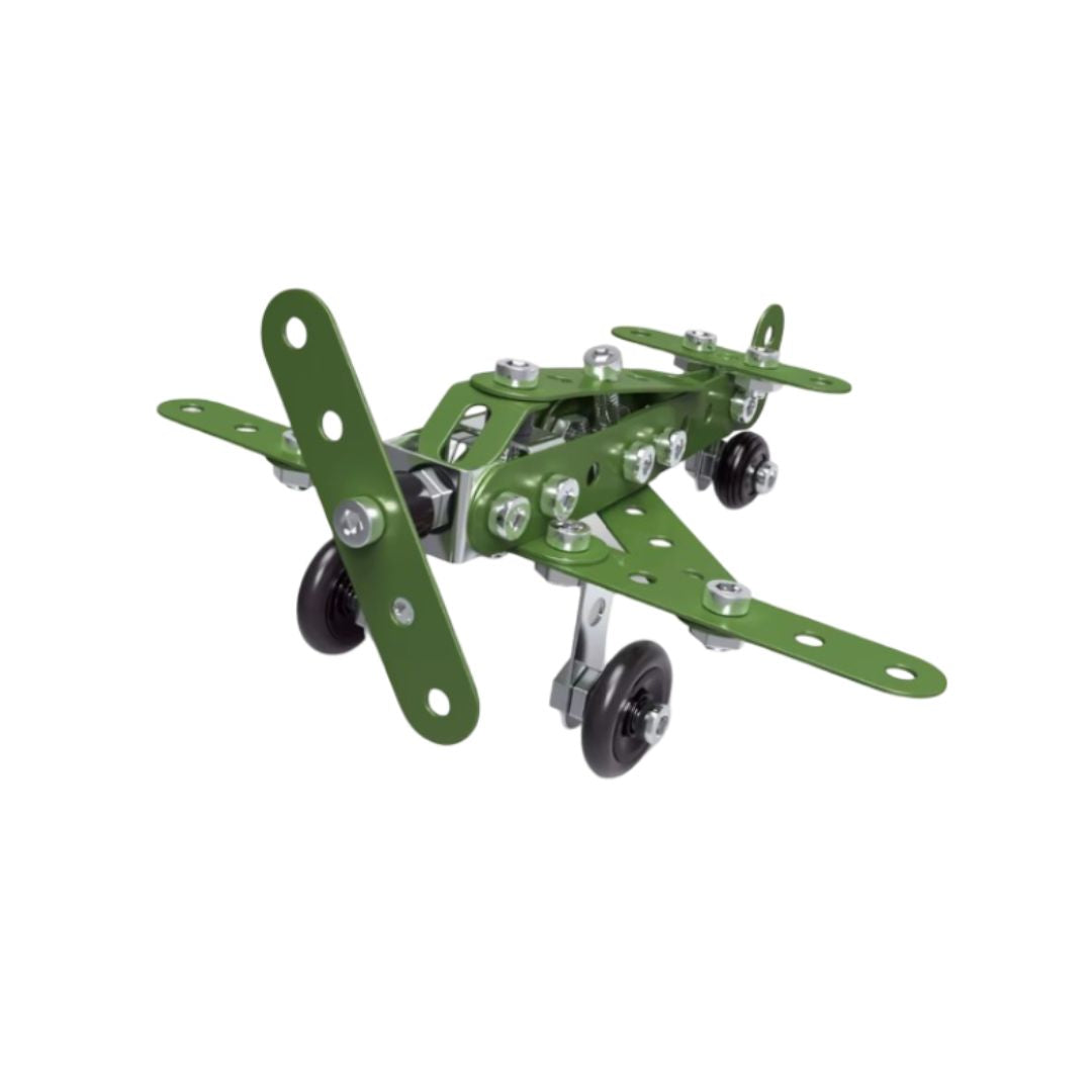 Portada de la colección “Modelos Mecánicos de Metal para Montar”: modelo de avión metálico ensamblado sobre fondo blanco