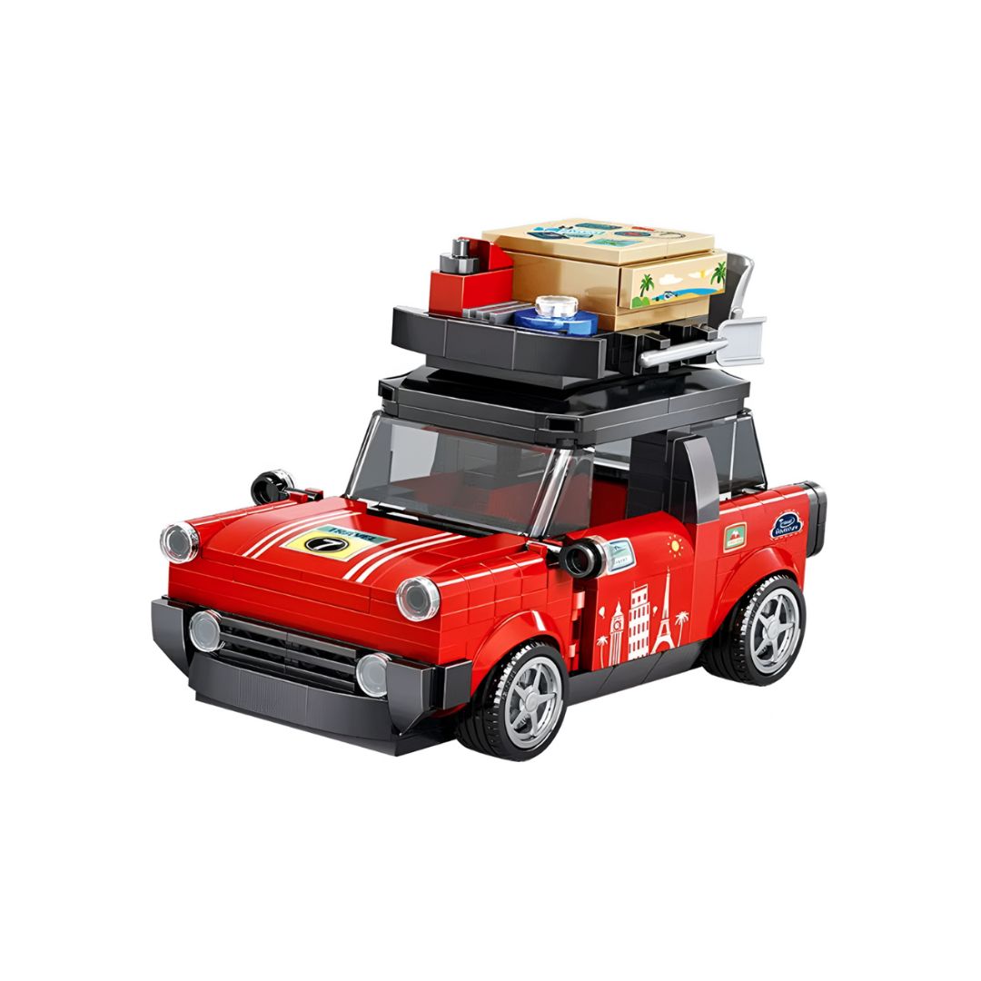 Portada de la colección “Kits de Vehículos en Bloques”: modelo de coche montado con bloques sobre fondo blanco