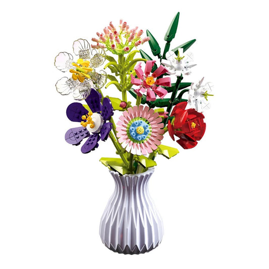 Ramo de 8 tallos en jarrón blanco, 730 piezas, tallos 30 cm, flores de bloques compatibles con LEGO para decorar hogares.