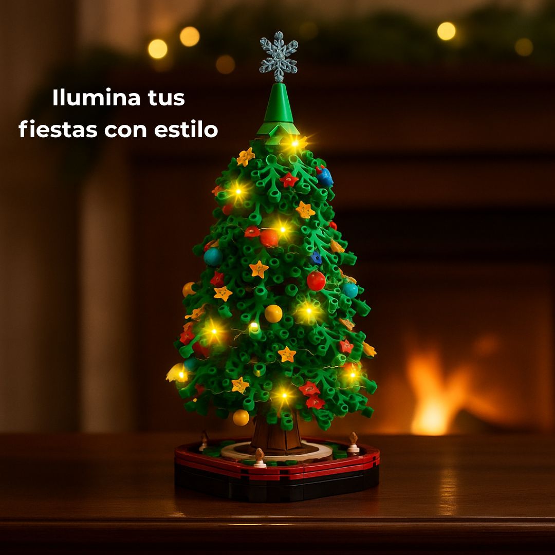Árbol de bloques con iluminación integrada en ambiente tenue; aporta calidez y un toque elegante a tus noches navideñas.
