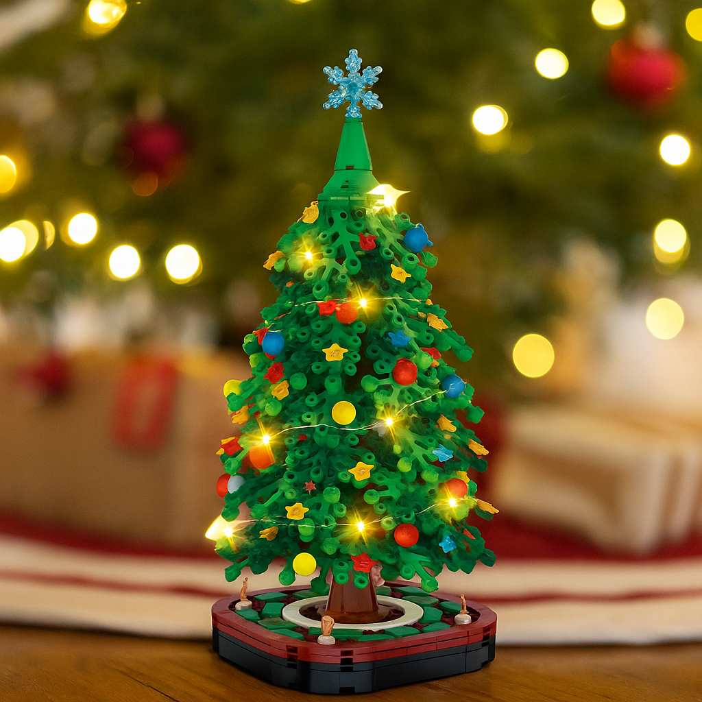 Árbol de bloques colocado bajo un árbol de Navidad real, presentado como idea de regalo festivo y decoración reutilizable.